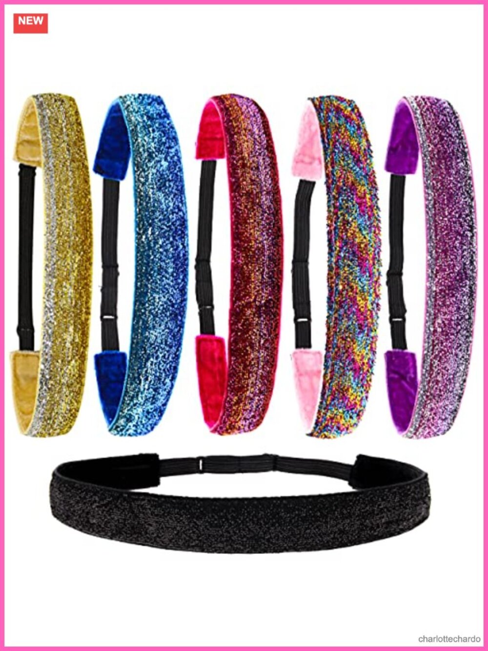 6 Glitter Non Slip Adjustable Headbands for Girls, Kids, Teens, Women